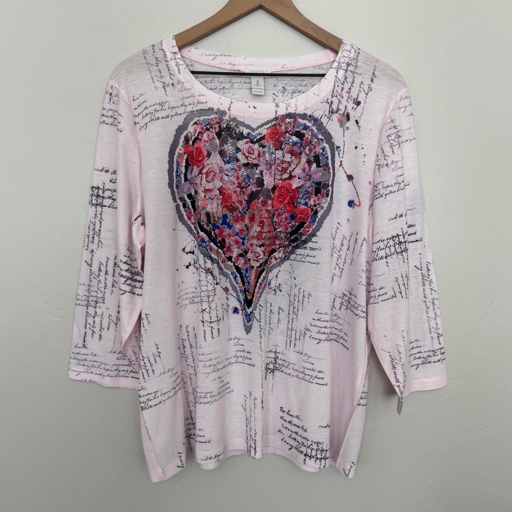 Chico's Pink Floral Heart Embellished Top Script Rhinestone Beaded Artsy XL 3